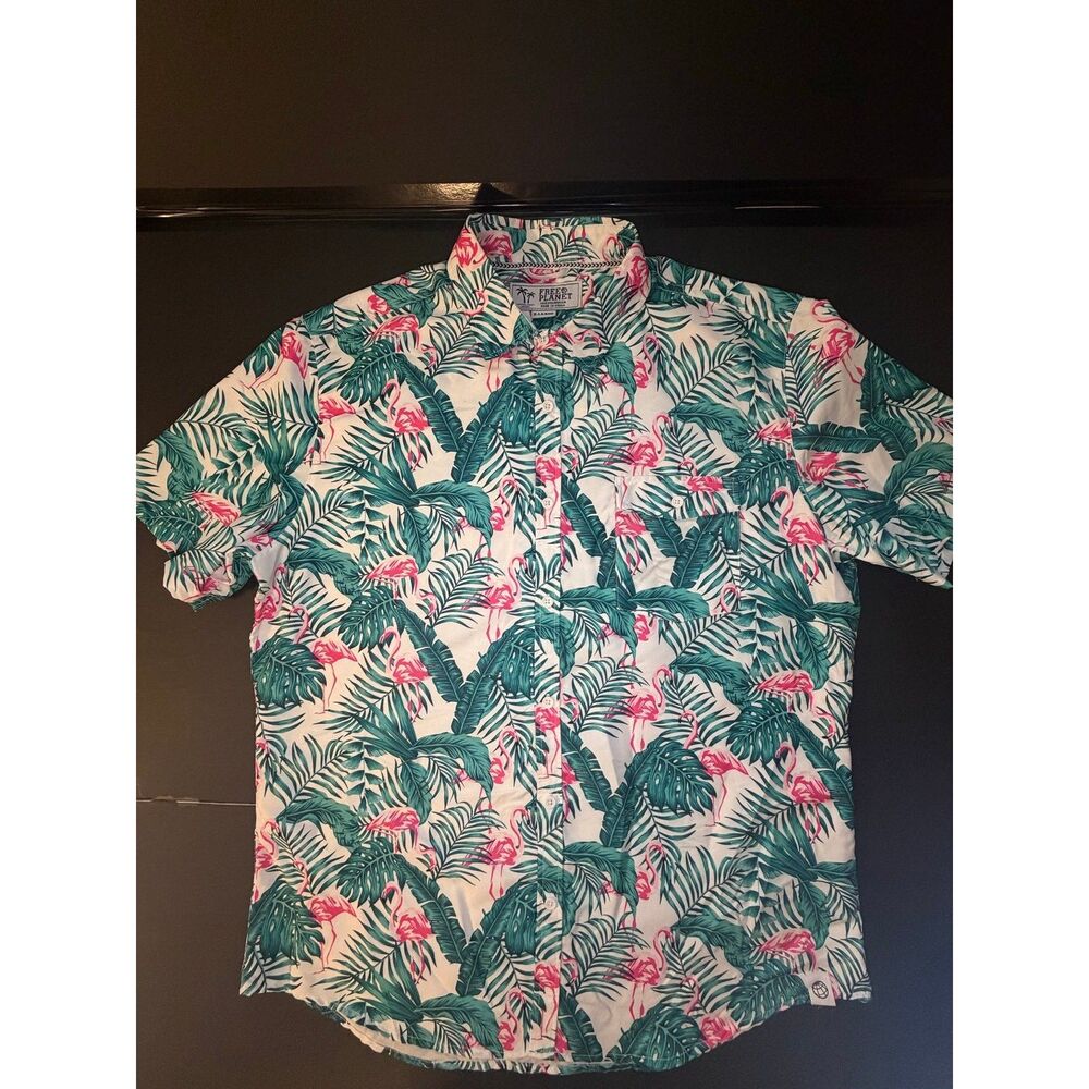 Free Planet Men’s XL Tropical Flamingo Palm Print Button Up Shirt Polyester